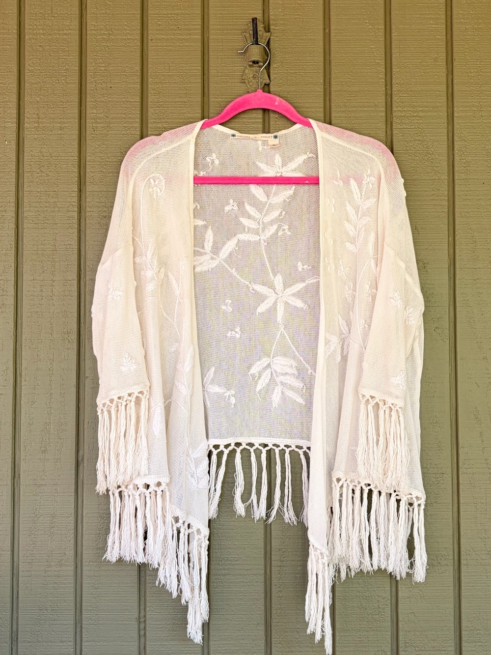 Chelsea & Violet Cream Embroidered Mesh Fringe Kimono Wrap S